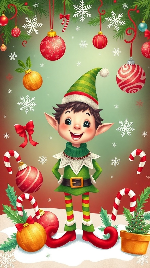 Festive Elf Christmas Wallpaper Design A colorful Christmas wallpaper design with a playful elf, ornaments, and snowflakes.